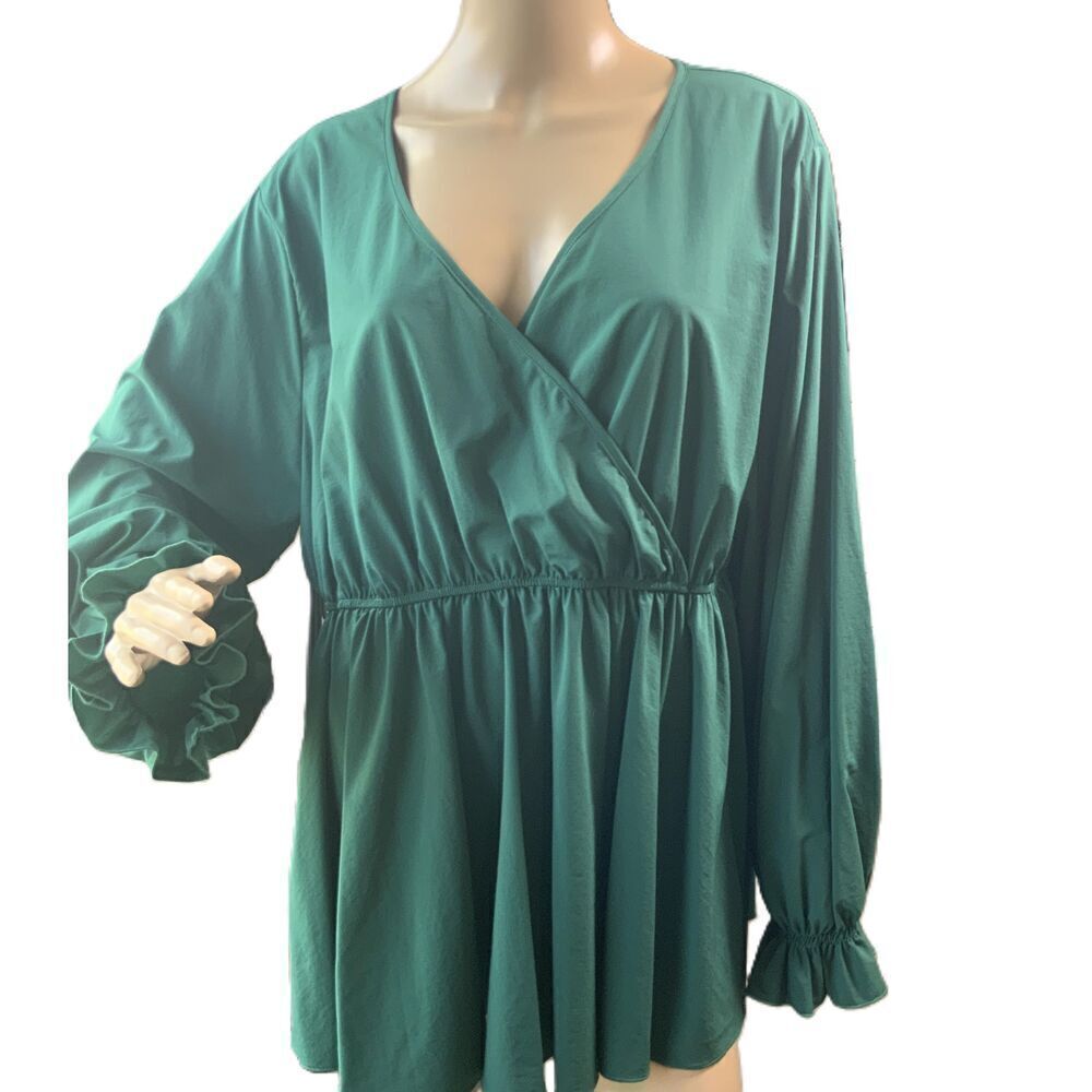 Allegrace Green Long Sleeves V Neck Elasticated Cuffs Coquette Wrap Blouse 3X